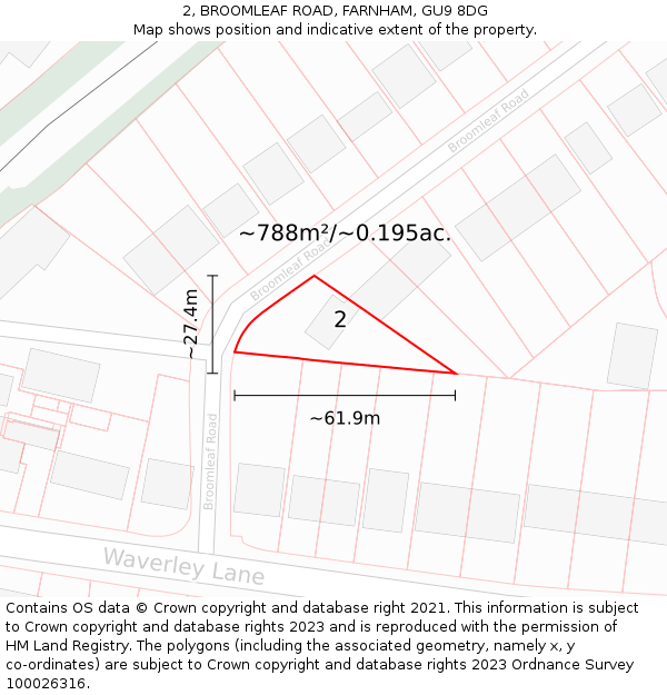2, BROOMLEAF ROAD, FARNHAM, GU9 8DG: Plot and title map