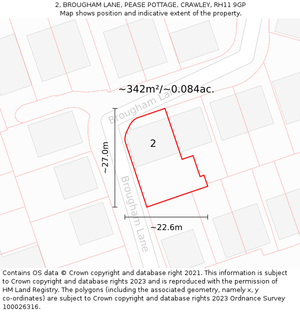 2, BROUGHAM LANE, PEASE POTTAGE, CRAWLEY, RH11 9GP: Plot and title map