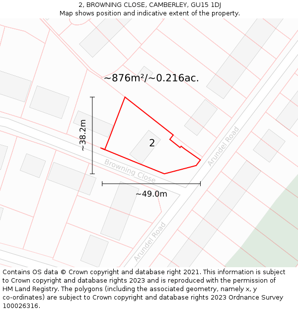 2, BROWNING CLOSE, CAMBERLEY, GU15 1DJ: Plot and title map