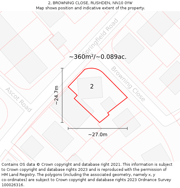 2, BROWNING CLOSE, RUSHDEN, NN10 0YW: Plot and title map
