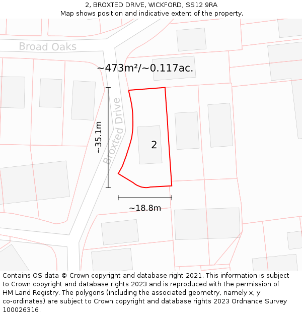 2, BROXTED DRIVE, WICKFORD, SS12 9RA: Plot and title map