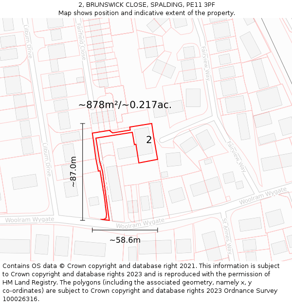 2, BRUNSWICK CLOSE, SPALDING, PE11 3PF: Plot and title map