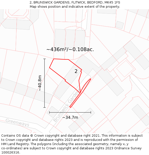 2, BRUNSWICK GARDENS, FLITWICK, BEDFORD, MK45 1FS: Plot and title map