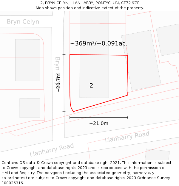 2, BRYN CELYN, LLANHARRY, PONTYCLUN, CF72 9ZE: Plot and title map