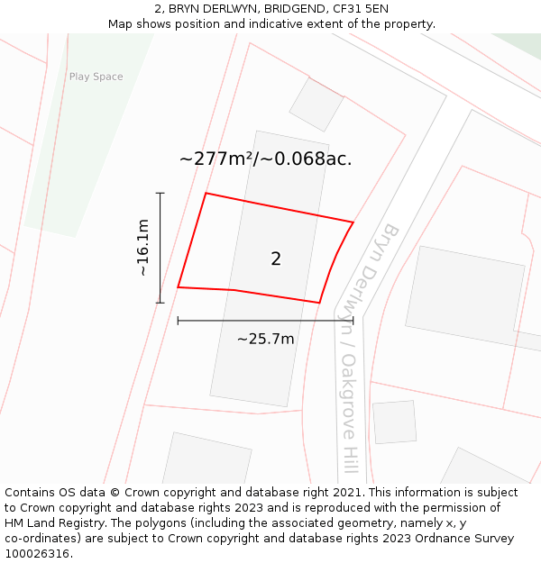 2, BRYN DERLWYN, BRIDGEND, CF31 5EN: Plot and title map