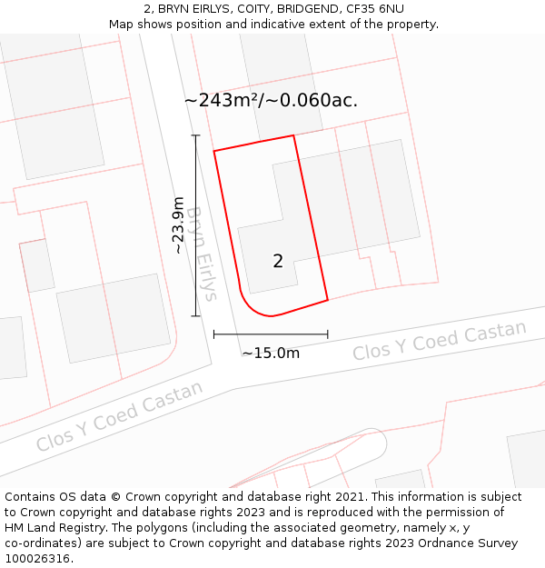 2, BRYN EIRLYS, COITY, BRIDGEND, CF35 6NU: Plot and title map