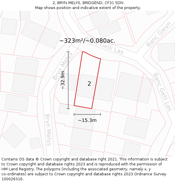2, BRYN MELYS, BRIDGEND, CF31 5DN: Plot and title map