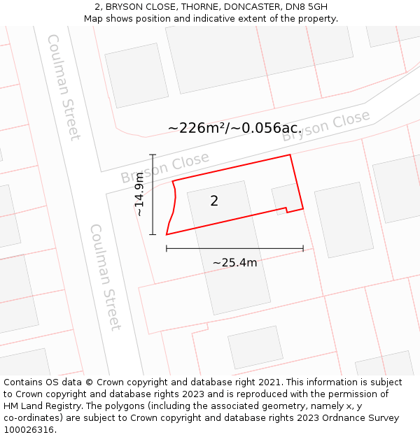 2, BRYSON CLOSE, THORNE, DONCASTER, DN8 5GH: Plot and title map