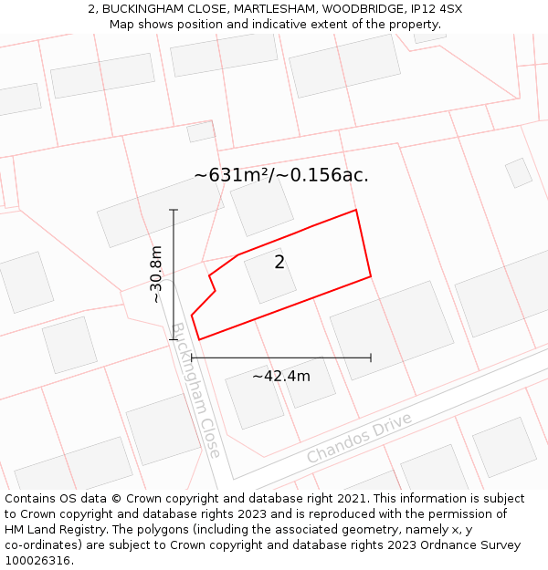 2, BUCKINGHAM CLOSE, MARTLESHAM, WOODBRIDGE, IP12 4SX: Plot and title map