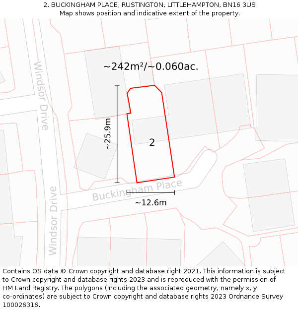 2, BUCKINGHAM PLACE, RUSTINGTON, LITTLEHAMPTON, BN16 3US: Plot and title map