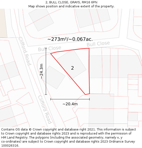 2, BULL CLOSE, GRAYS, RM16 6PN: Plot and title map