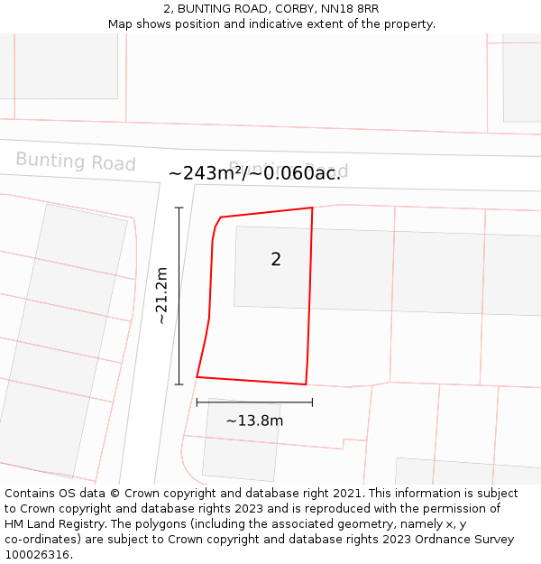 2, BUNTING ROAD, CORBY, NN18 8RR: Plot and title map