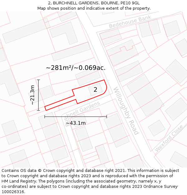 2, BURCHNELL GARDENS, BOURNE, PE10 9GL: Plot and title map