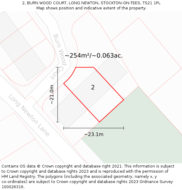 2, BURN WOOD COURT, LONG NEWTON, STOCKTON-ON-TEES, TS21 1PL: Plot and title map