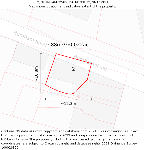 2, BURNHAM ROAD, MALMESBURY, SN16 0BH: Plot and title map