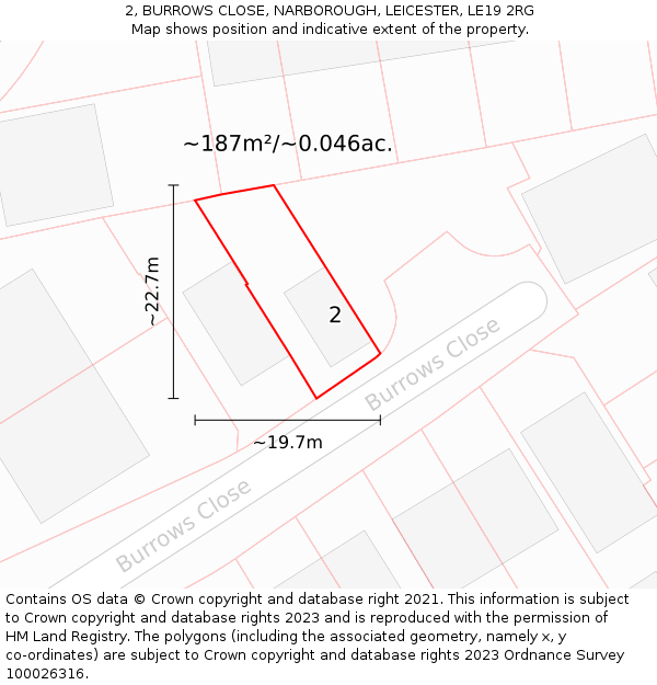2, BURROWS CLOSE, NARBOROUGH, LEICESTER, LE19 2RG: Plot and title map