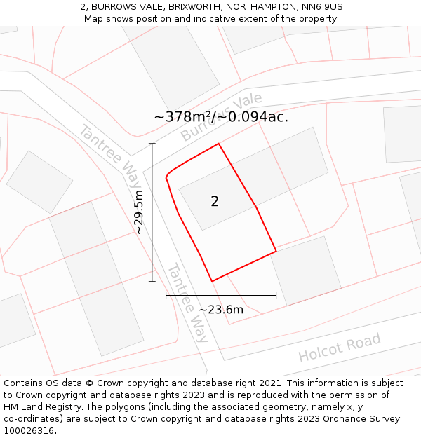 2, BURROWS VALE, BRIXWORTH, NORTHAMPTON, NN6 9US: Plot and title map