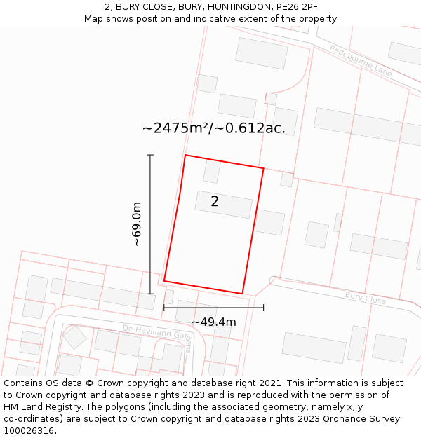 2, BURY CLOSE, BURY, HUNTINGDON, PE26 2PF: Plot and title map