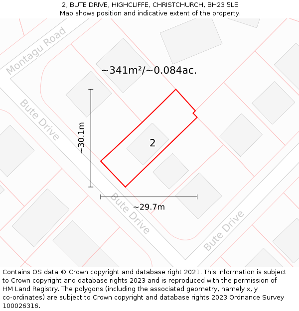 2, BUTE DRIVE, HIGHCLIFFE, CHRISTCHURCH, BH23 5LE: Plot and title map