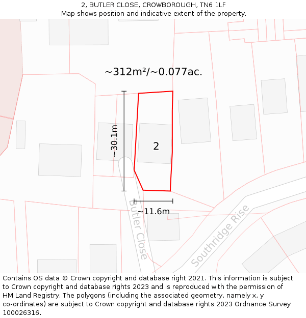 2, BUTLER CLOSE, CROWBOROUGH, TN6 1LF: Plot and title map