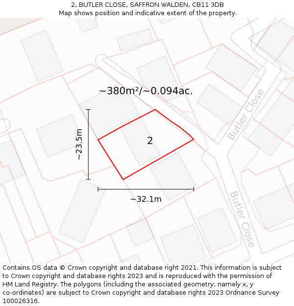 2, BUTLER CLOSE, SAFFRON WALDEN, CB11 3DB: Plot and title map