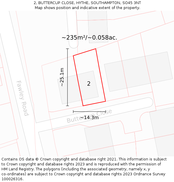 2, BUTTERCUP CLOSE, HYTHE, SOUTHAMPTON, SO45 3NT: Plot and title map