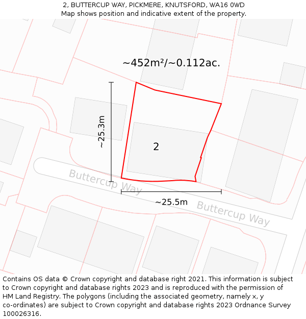 2, BUTTERCUP WAY, PICKMERE, KNUTSFORD, WA16 0WD: Plot and title map