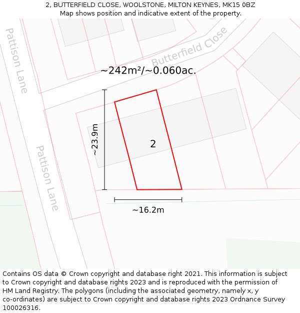 2, BUTTERFIELD CLOSE, WOOLSTONE, MILTON KEYNES, MK15 0BZ: Plot and title map