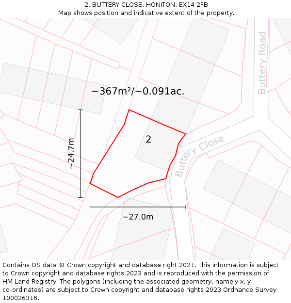 2, BUTTERY CLOSE, HONITON, EX14 2FB: Plot and title map