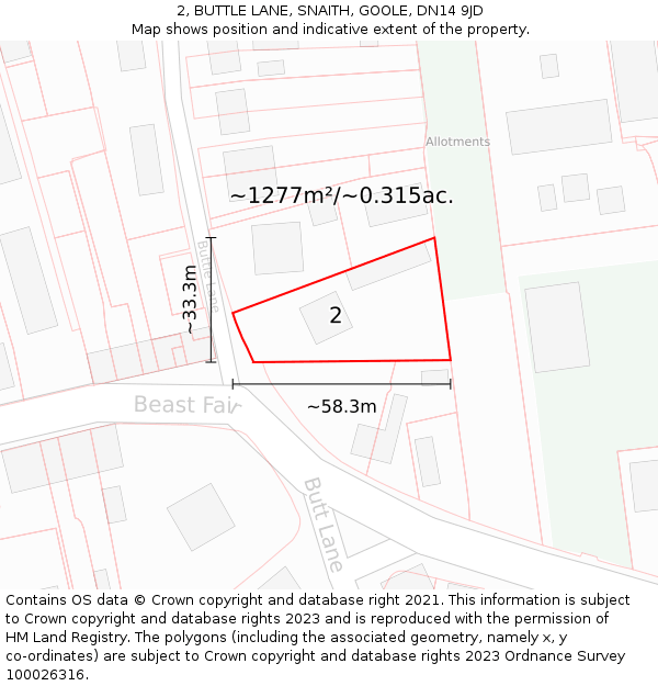 2, BUTTLE LANE, SNAITH, GOOLE, DN14 9JD: Plot and title map