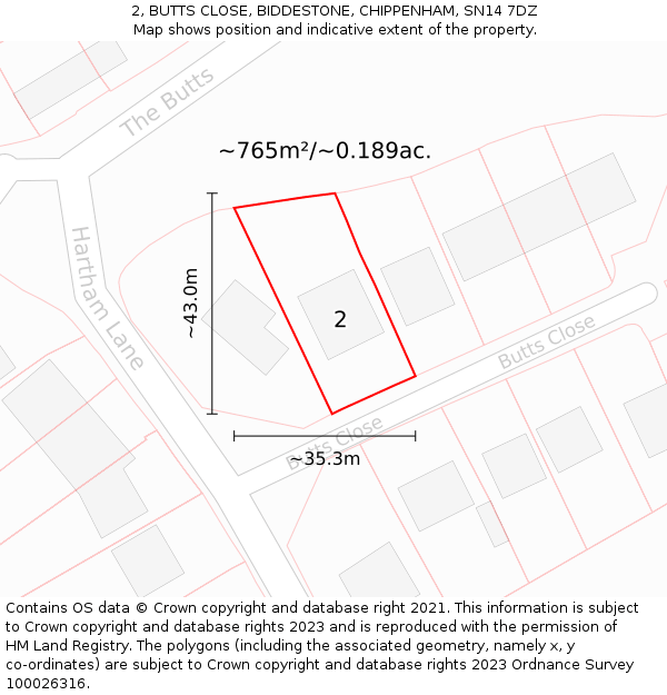 2, BUTTS CLOSE, BIDDESTONE, CHIPPENHAM, SN14 7DZ: Plot and title map