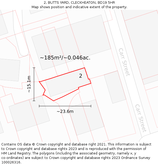 2, BUTTS YARD, CLECKHEATON, BD19 5HR: Plot and title map