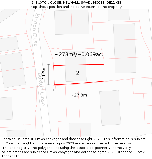 2, BUXTON CLOSE, NEWHALL, SWADLINCOTE, DE11 0JG: Plot and title map