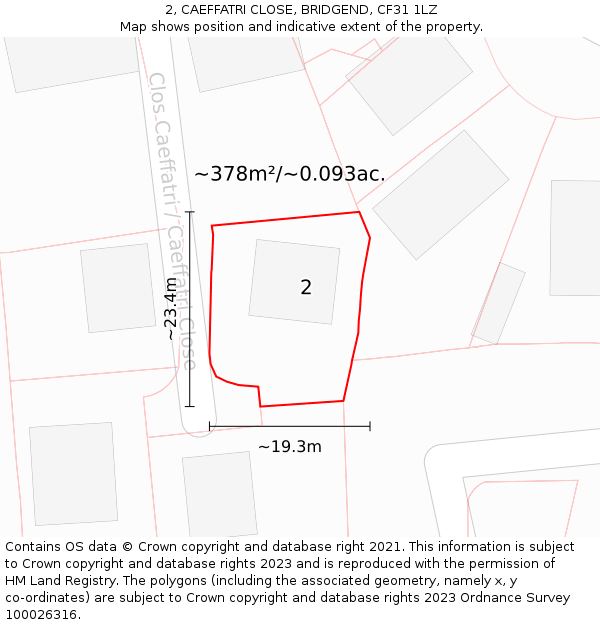 2, CAEFFATRI CLOSE, BRIDGEND, CF31 1LZ: Plot and title map