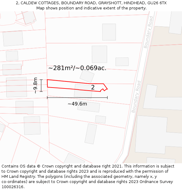 2, CALDEW COTTAGES, BOUNDARY ROAD, GRAYSHOTT, HINDHEAD, GU26 6TX: Plot and title map