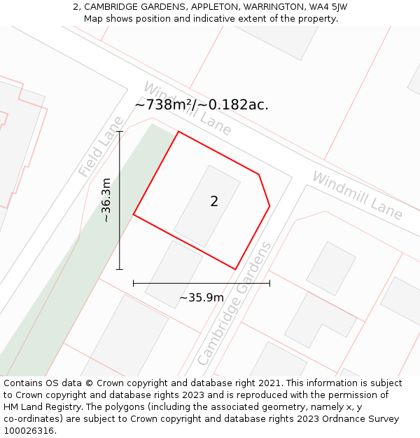 2, CAMBRIDGE GARDENS, APPLETON, WARRINGTON, WA4 5JW: Plot and title map