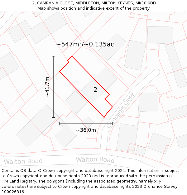 2, CAMPANIA CLOSE, MIDDLETON, MILTON KEYNES, MK10 9BB: Plot and title map