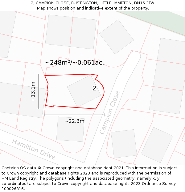 2, CAMPION CLOSE, RUSTINGTON, LITTLEHAMPTON, BN16 3TW: Plot and title map