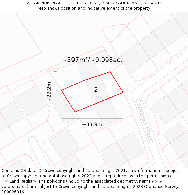 2, CAMPION PLACE, ETHERLEY DENE, BISHOP AUCKLAND, DL14 0TS: Plot and title map