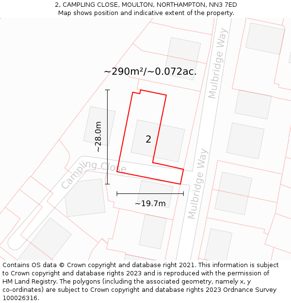 2, CAMPLING CLOSE, MOULTON, NORTHAMPTON, NN3 7ED: Plot and title map
