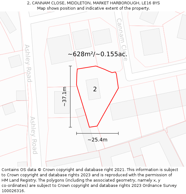 2, CANNAM CLOSE, MIDDLETON, MARKET HARBOROUGH, LE16 8YS: Plot and title map