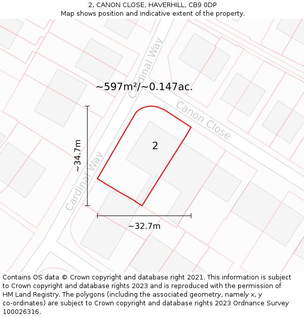 2, CANON CLOSE, HAVERHILL, CB9 0DP: Plot and title map