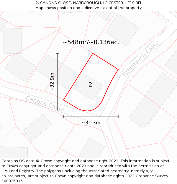 2, CANONS CLOSE, NARBOROUGH, LEICESTER, LE19 3FL: Plot and title map