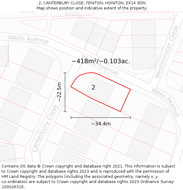 2, CANTERBURY CLOSE, FENITON, HONITON, EX14 3DN: Plot and title map