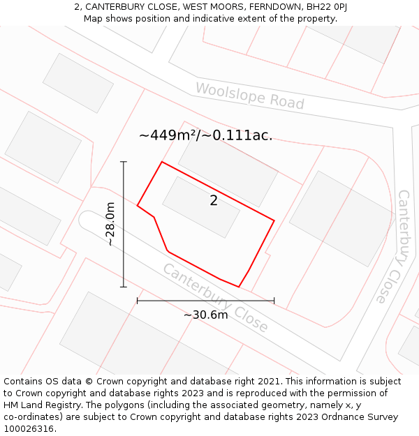2, CANTERBURY CLOSE, WEST MOORS, FERNDOWN, BH22 0PJ: Plot and title map