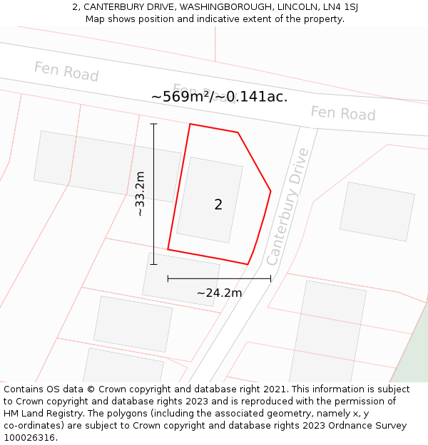 2, CANTERBURY DRIVE, WASHINGBOROUGH, LINCOLN, LN4 1SJ: Plot and title map
