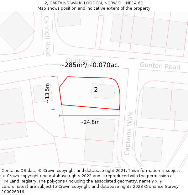 2, CAPTAINS WALK, LODDON, NORWICH, NR14 6DJ: Plot and title map