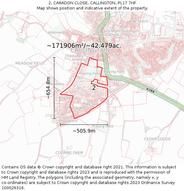 2, CARADON CLOSE, CALLINGTON, PL17 7HF: Plot and title map