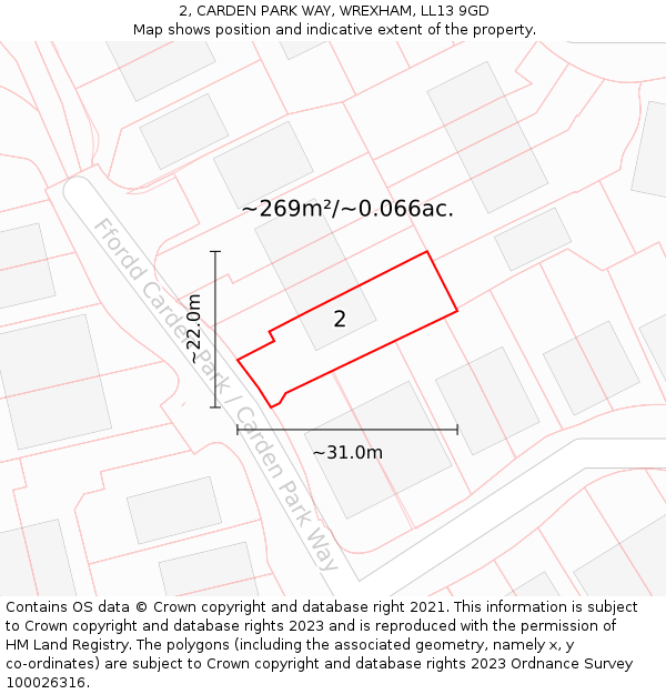 2, CARDEN PARK WAY, WREXHAM, LL13 9GD: Plot and title map