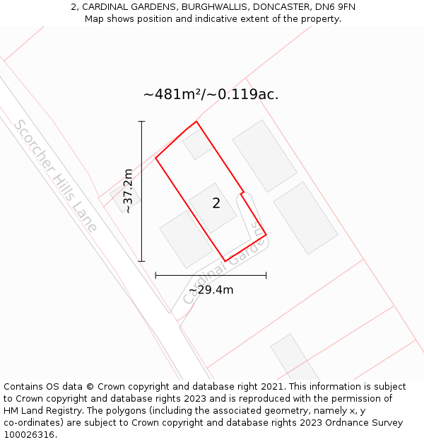 2, CARDINAL GARDENS, BURGHWALLIS, DONCASTER, DN6 9FN: Plot and title map
